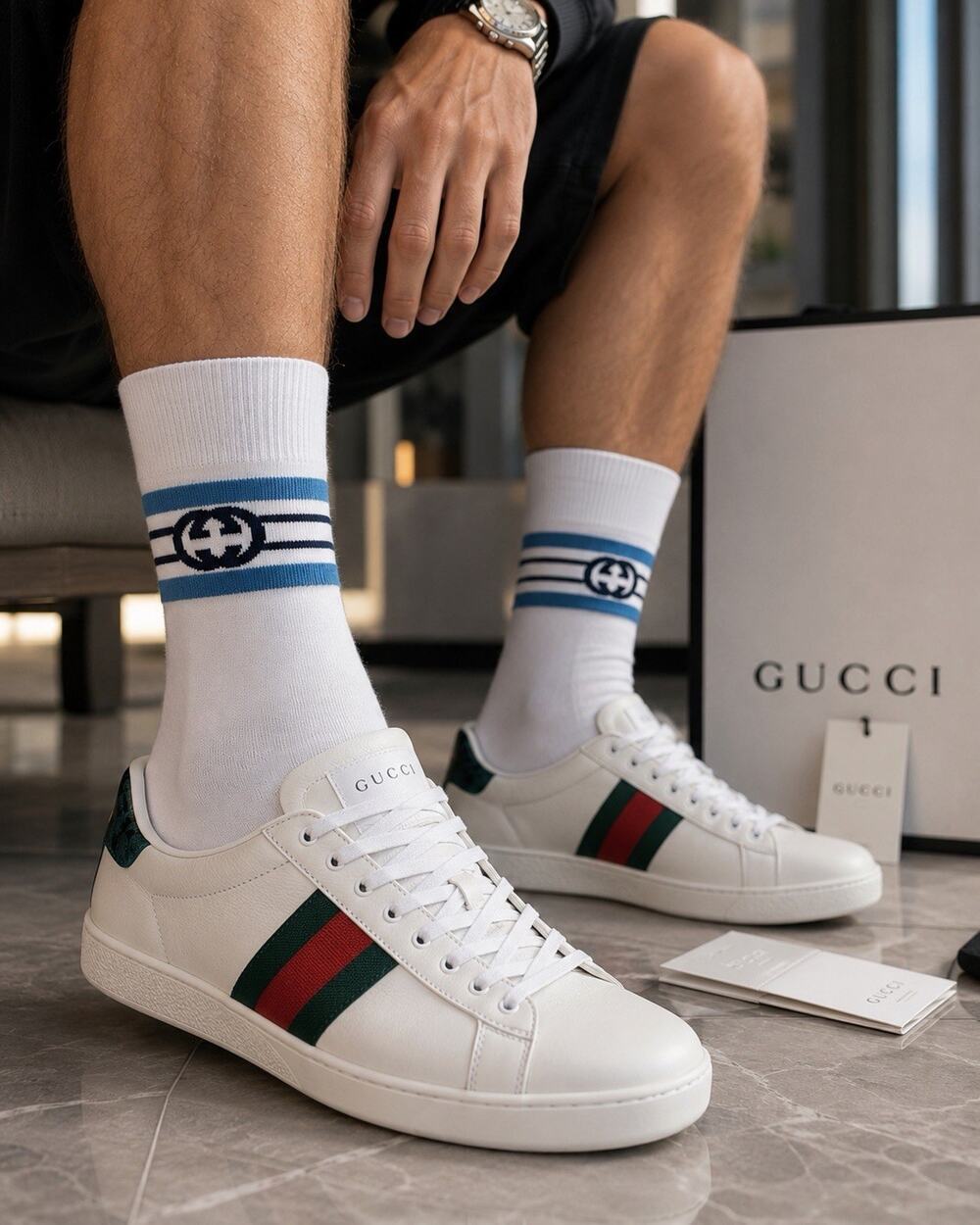 Gucci GG Logo Socks Men M White Blue Interlocking G NWT